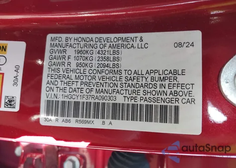2024 Honda Accord Ex from USA, damaged, VIN 1HGCY1F37RA090303